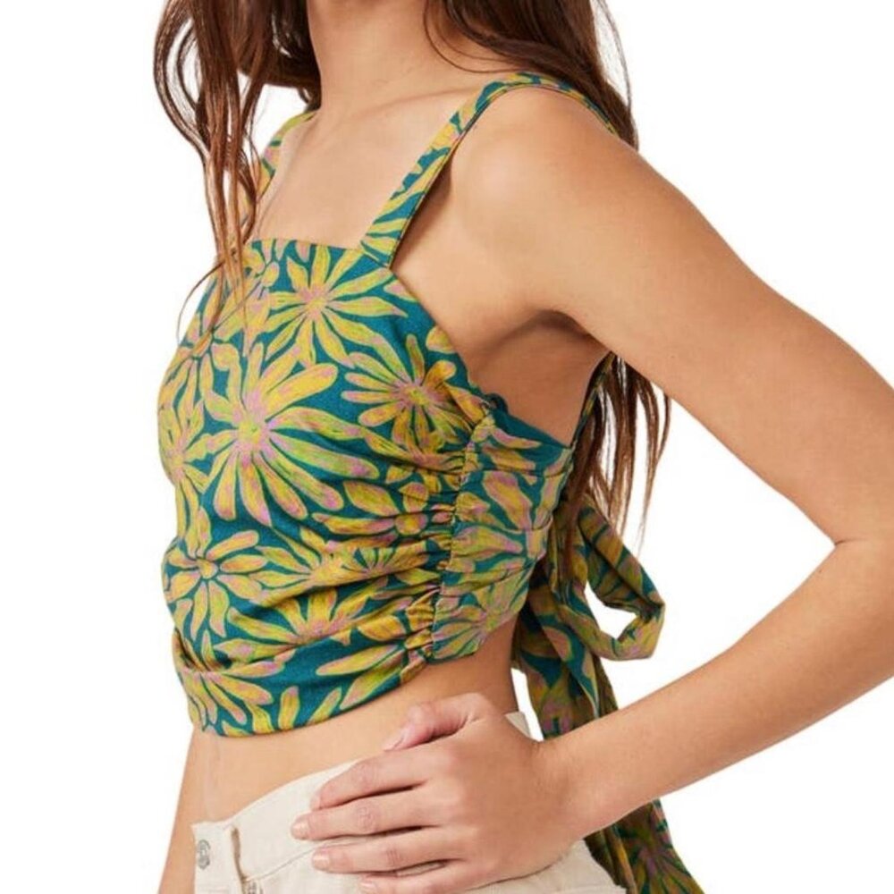 Free People Green, Gold, Pink All Tied Up Cropped Tropical Combo Top, Size S NWT